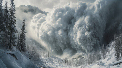 An avalanche descends from the mountains, breaking trees and demolishing everything in its path. Generated by Ai