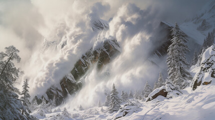 An avalanche descends from the mountains, breaking trees and demolishing everything in its path. Generated by Ai