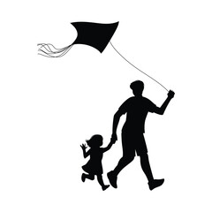 Black silhouette of father and child with kite, vector illustration isolated.