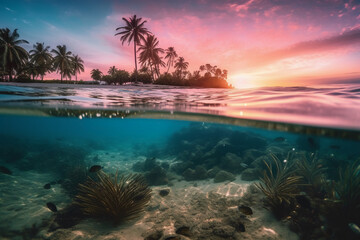 Fototapeta na wymiar Photograph of beautiful inviting beach scene with purple sunset sky. AI generative