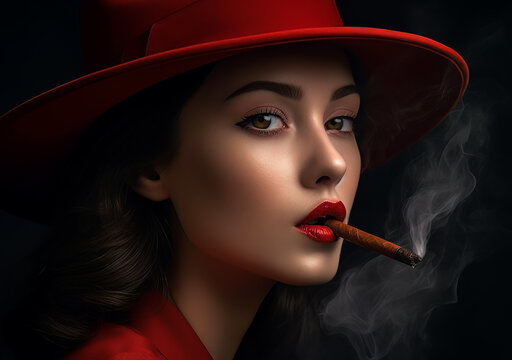 Portrait of a girl in a red hat smoking a cigar close-up on a dark background, the image is completely generated using Ai