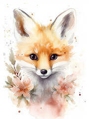Watercolor Illustration Of A Baby Fox Surrounded by Flowers  On a White Background in Light Pastel Colors