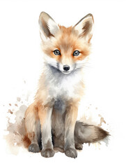 Fototapeta na wymiar Watercolor Illustration Of A Baby Fox On a White Background in Light Pastel Colors