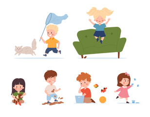 Naughty mischievous kids cartoon characters, flat vector illustration isolated.