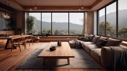 Naklejka premium Wooden living room interior with eating table and couch, panoramic window. Generative AI