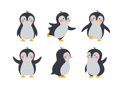 Cute comic penguins set of cartoon characters flat vector illustration isolated.