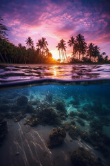 Fototapeta na wymiar Photograph of beautiful inviting beach scene with purple sunset sky. AI generative