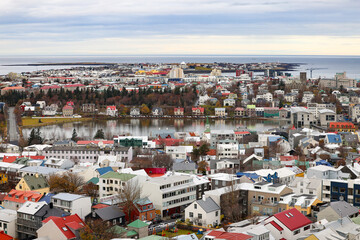 Colorful houses and rooftop view of Reykjavik; ariel view of Tjörnin pond; view seen from the top...