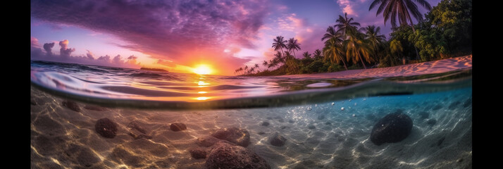 Photograph of beautiful inviting beach scene with purple sunset sky. AI generative