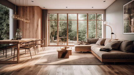 Fototapeta premium Wooden living room interior with eating table and couch, panoramic window. Generative AI
