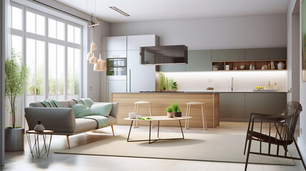 Living room interior and kitchen. Modern design furniture, comfortable sofa and table. AI generative