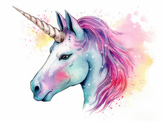 Watercolor Illustration Of A Rainbow Colored Unicorn On a White Background in Light Pastel Colors