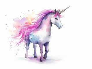Naklejka na ściany i meble Watercolor Illustration Of A Rainbow Colored Unicorn On a White Background in Light Pastel Colors