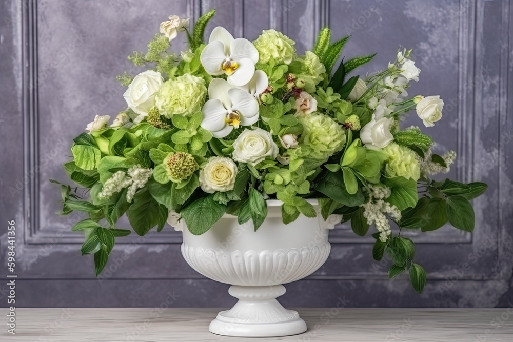 Canvas Prints white vase overflowing with lush green and white flowers. Generative AI