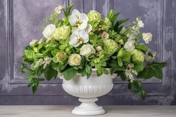 Obraz premium white vase overflowing with lush green and white flowers. Generative AI