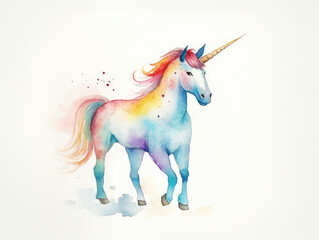 Fototapeta na wymiar Watercolor Illustration Of A Rainbow Colored Unicorn On a White Background in Light Pastel Colors