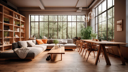 Fototapeta premium Wooden living room interior with eating table and couch, panoramic window. Generative AI
