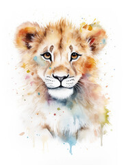 Watercolor Illustration of a Colorful Baby Lion On A White Background in Light Pastel Colors