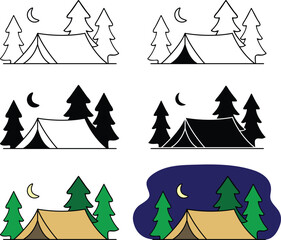 Camping Graphic with Tent and Forest - Outline, Silhouette & Color