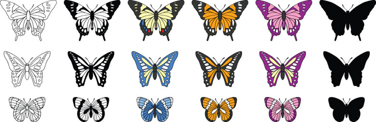 Butterfly Clipart Set - Outline, Silhouette & Color
