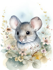 Watercolor Illustration Of A Baby Mouse n the Meadow Flower Field  On a White Background in Light Pastel Colors