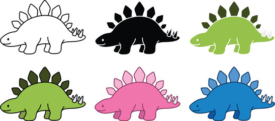 Stegosaurus Cartoon Dinosaur Clipart Set - Outline, Silhouette and Color