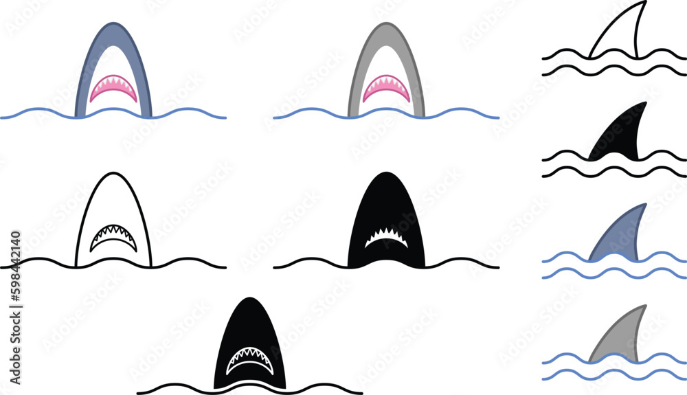 Wall mural Simple Shark Jaws & Fin Clipart Set - Outline, Silhouette & Color