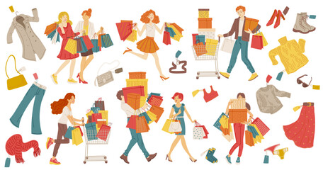 Characters and items for sale or shopaholism, flat vector illustration isolated.