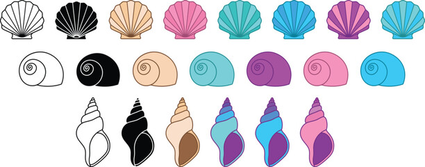 Sea Shell & Clam Shell Clipart Set - Outline, Silhouette & Color	