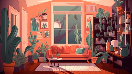 Bright illustration with a sofa, houseplants in pots and picture frames. Generative AI