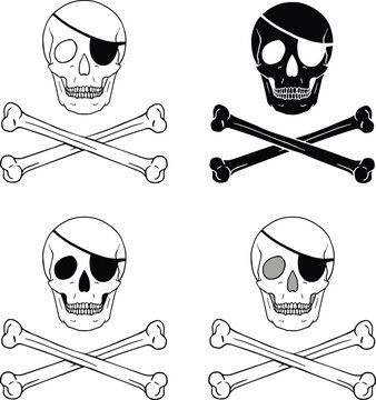 Pirate Skull and Crossbones Symbol with Eyepatch - Outline, Silhouette & Color
