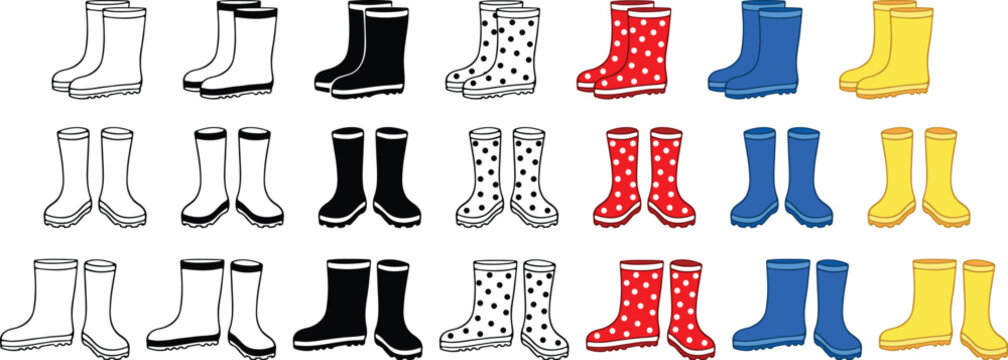 Rain Boots Clipart Set - Outline, Silhouette & Color
