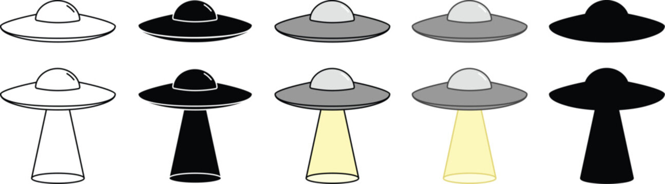UFO Flying Saucer and Beam Clipart Set - Outline, Silhouette and Color