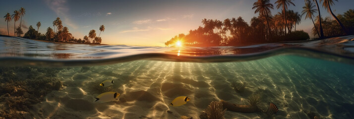 Obraz premium Photograph of beautiful inviting beach scene with sunset sky. AI generative