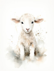 Obraz na płótnie Canvas Watercolor Illustration Of a Cute Little White Lamb on White Background in Light Pastel Colors