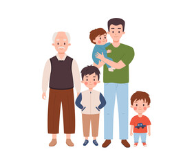 Men of a large family of three generations, flat vector illustration isolated.