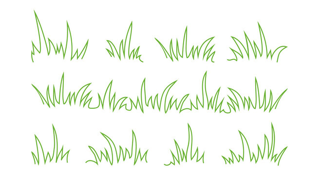 Grass doodle, bush line hand drawn, meadow tuft outline scribble, field weed garden, green sprout border isolated on white background. Nature illustration