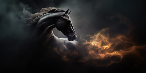 Stylized portrait of horse in the smoke. Generative AI 