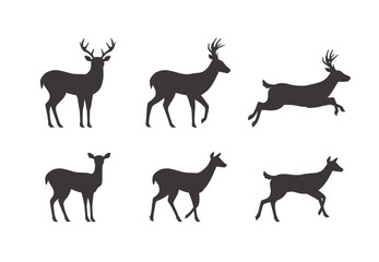 Set of male and female deer silhouettes in different poses, flat vector illustration isolated on white background.