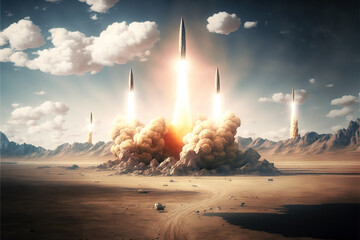 Ballistic missiles launch, start of intercontinental nuclear rockets, generative AI - obrazy, fototapety, plakaty