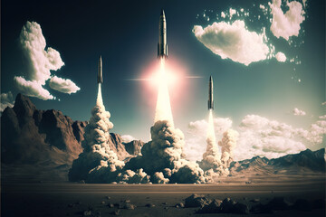 Ballistic missiles launch, start of intercontinental nuclear rockets, generative AI. - obrazy, fototapety, plakaty