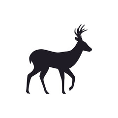 Deer with antler walking, black silhouette flat vector illustration isolated on white background.