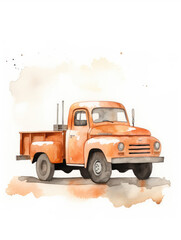Watercolor Illustration Painting Of a Rusty Orange Truck On a White Background