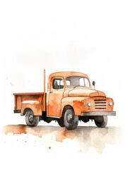 Watercolor Illustration Painting Of a Rusty Orange Truck On a White Background