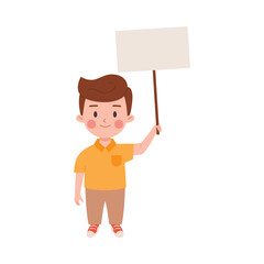 Child holding blank empty banner or placard flat vector illustration isolated.