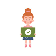 Smiling kid girl holding green paper with check mark flat style, vector illustration