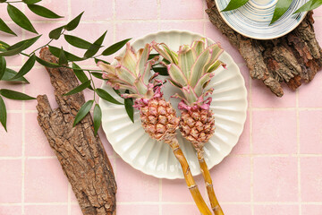 Plates with decorative pineapples, plant branches and tree barks on pink tile background