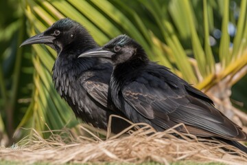 Naklejka premium two black birds perched on a haystack in a rural setting. Generative AI