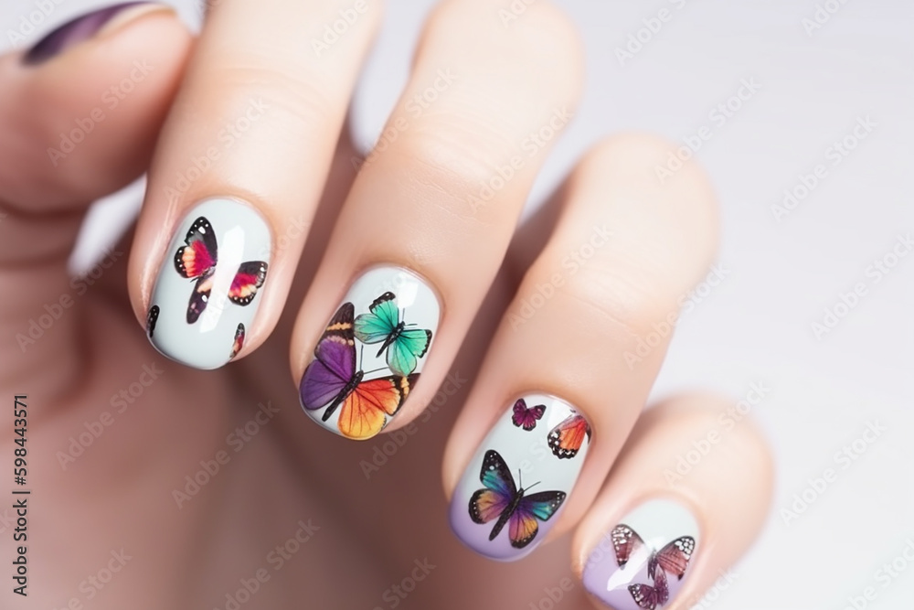 Wall mural butterfly art design on woman fingernails with butterflies miniature on every nail. generative ai