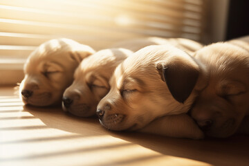 Cute little puppies sleeping in the sun rays. Generative AI